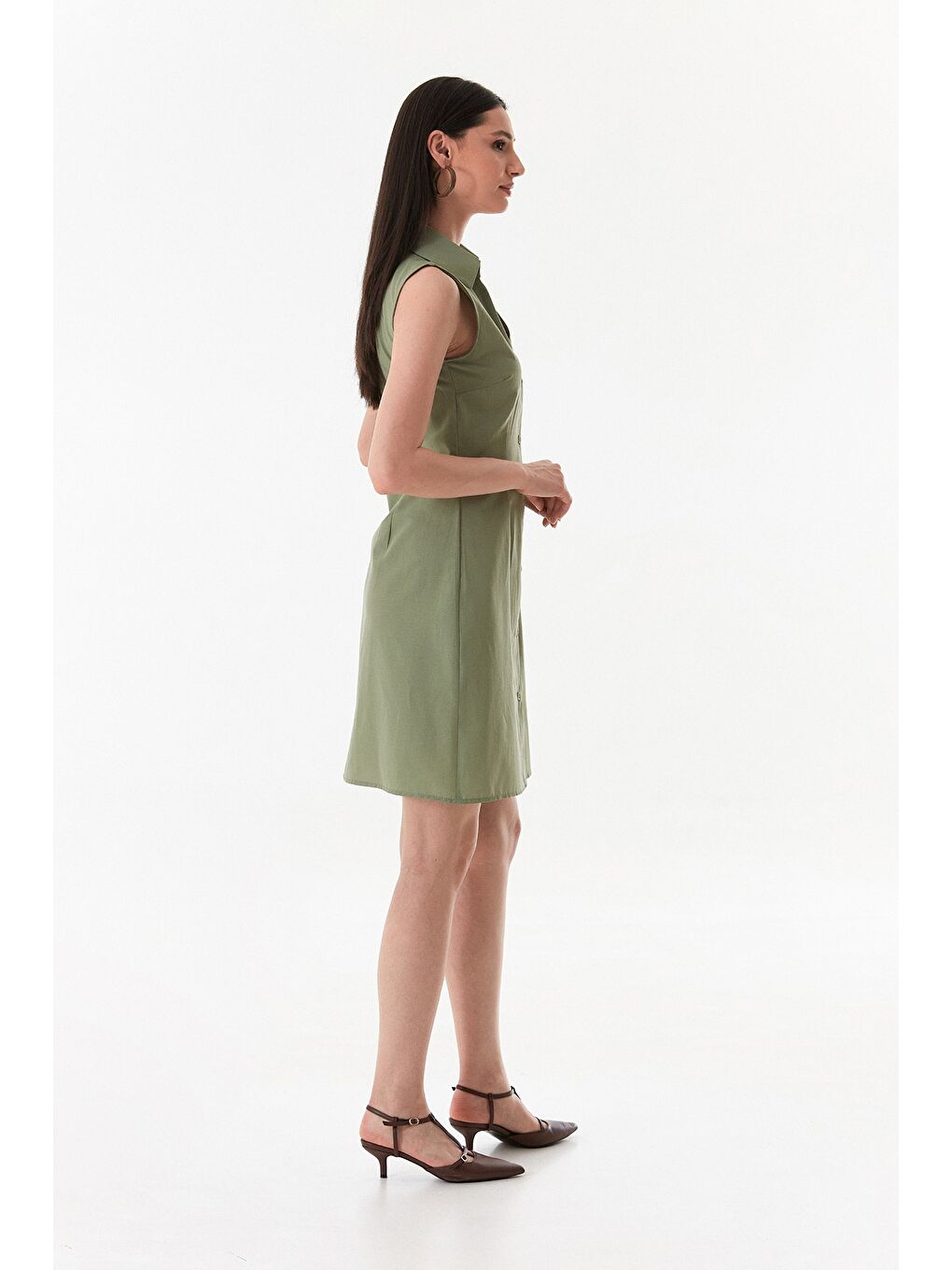 Haki Düğmeli Terikoton Kumaş Gömlek Elbise-3