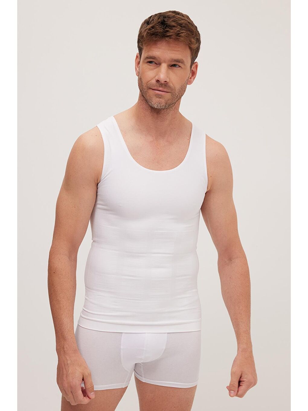 Erkek Süper Slim Fit Extra Dar Kesim Lastikli Beyaz Atlet Korse-5