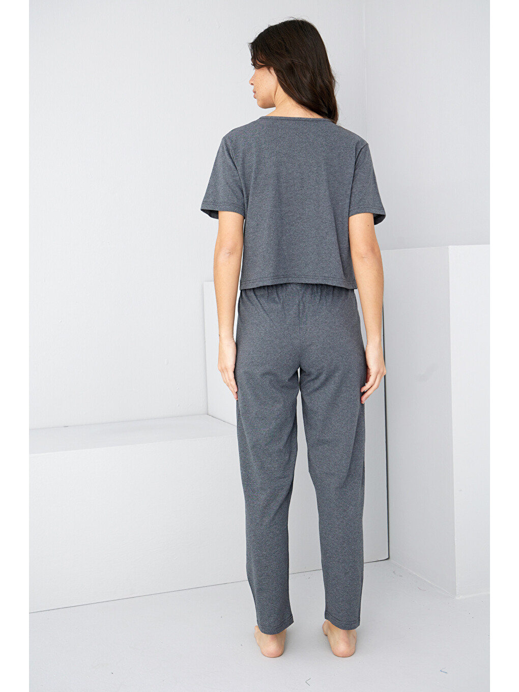 Antrasit Bağlamalı Örme Pijama Takım7889-2
