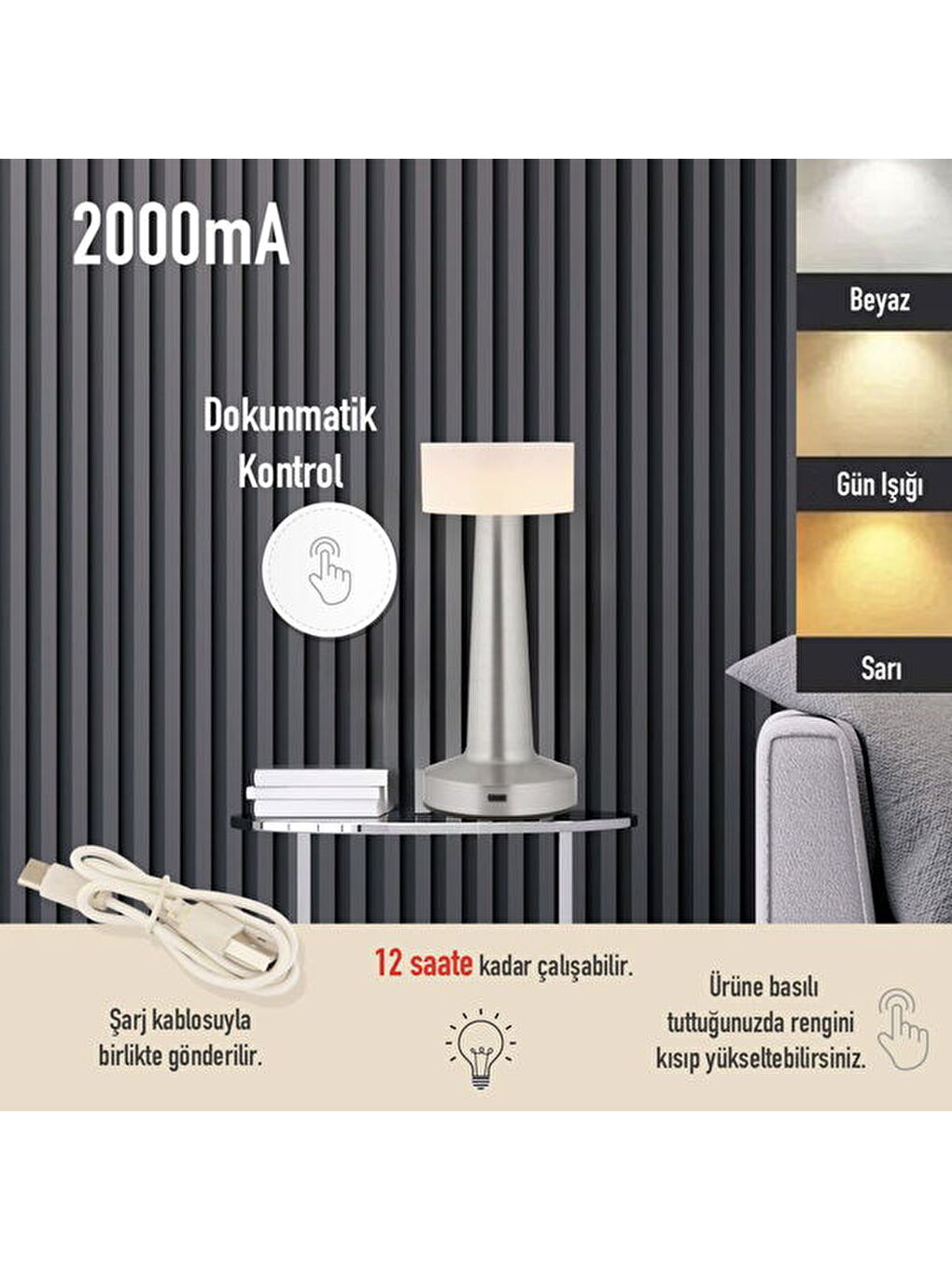 Gri Retus Nikel Dokunmatik 3 Renkli Şarjlı Dekoratif Masa Lambası - Gümüş - 22 cm
