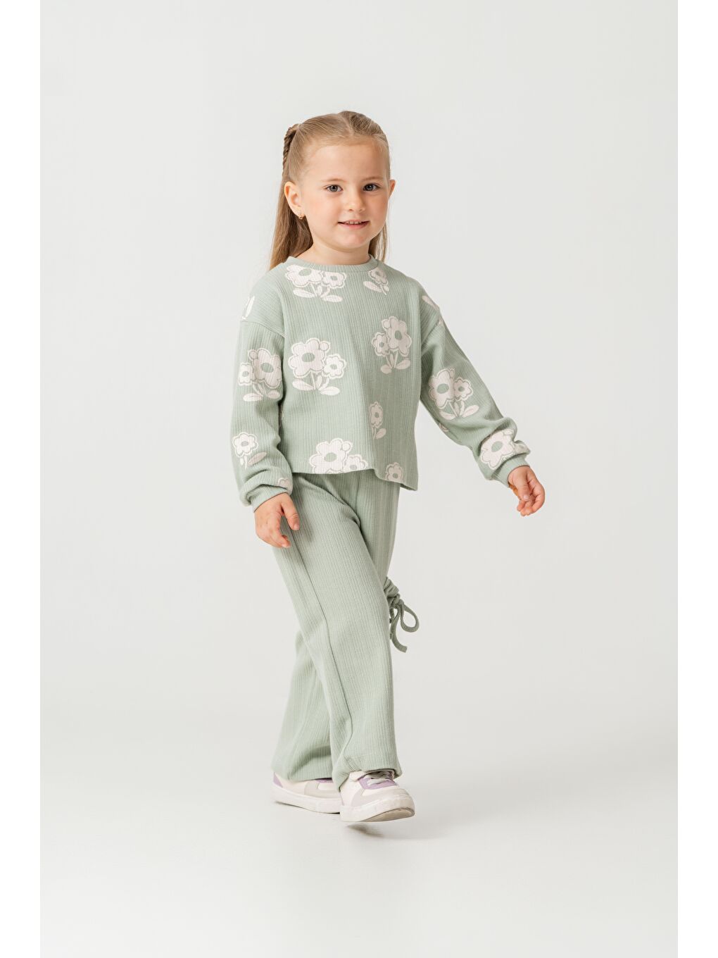 Kız Çocuk Pamuklu Yeşil Çiçek Desenli Takım – Bağcıklı Pantolon-4