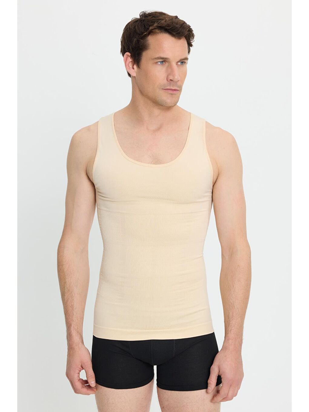 Bej Erkek Süper Slim Fit Extra Dar Kesim Lastikli Ten Rengi Atlet Korse-3