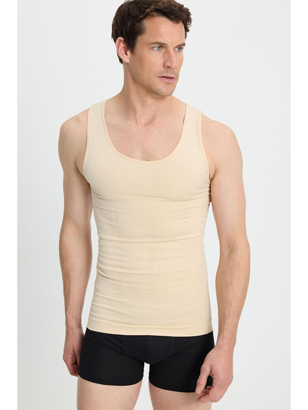 Bej Erkek Süper Slim Fit Extra Dar Kesim Lastikli Ten Rengi Atlet Korse-5