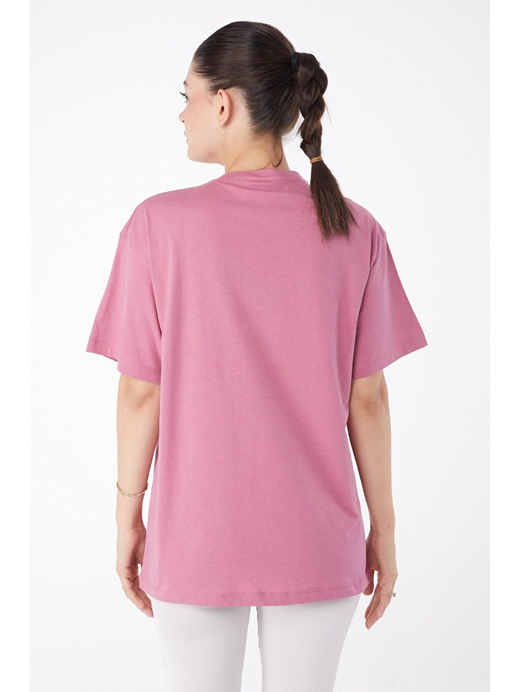 TOFİSA Pembe Düz Bisiklet Yaka Kadın Pembe Kısa Kollu Baskılı T-shirt - 25982 - 3