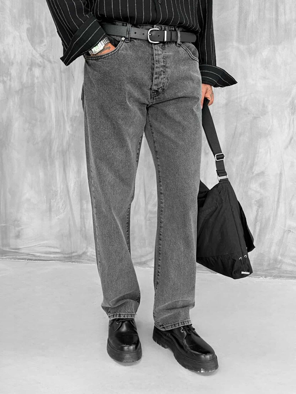 Erkek Baggy Fit Jean Pantolon Koyu Gri-1