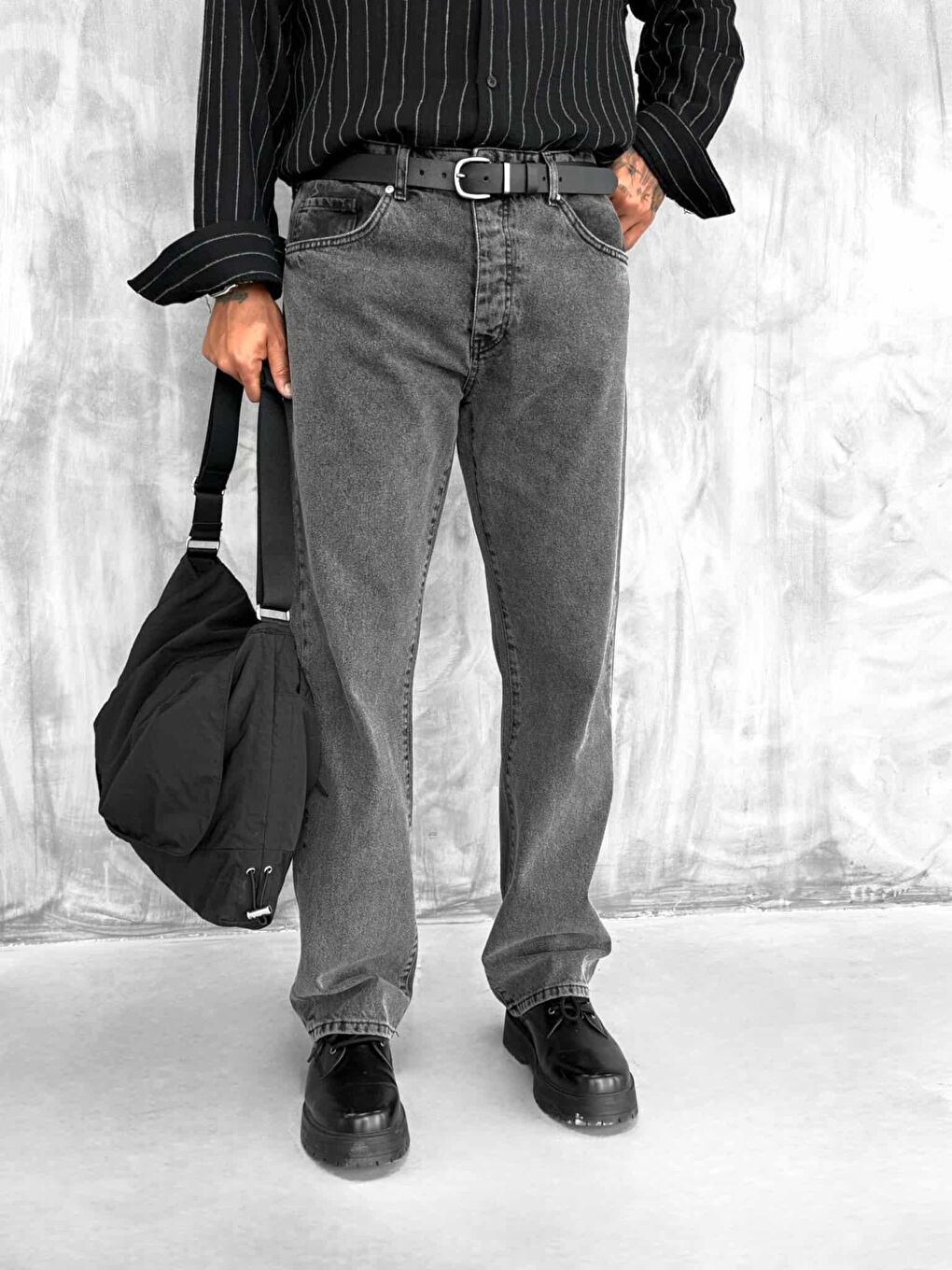 Erkek Baggy Fit Jean Pantolon Koyu Gri-2