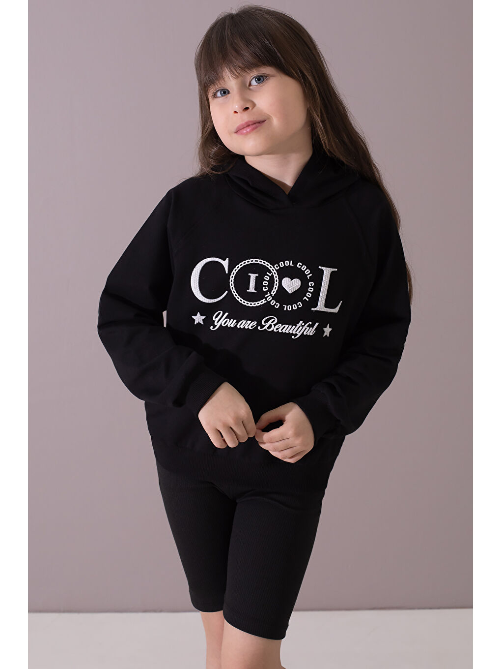 Cansın Mini Siyah Kabartmalı Cool Yazılı Kapüşonlu Kız Çocuk Sweatshirt 19698