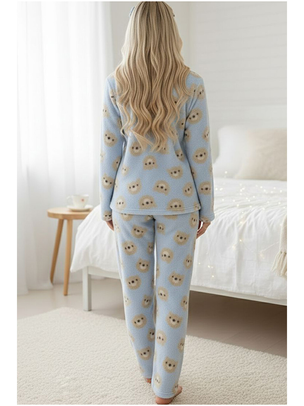 Mavi Ayıcık Desenli Düğmeli Wellsoft Pijama Takım 7922-2