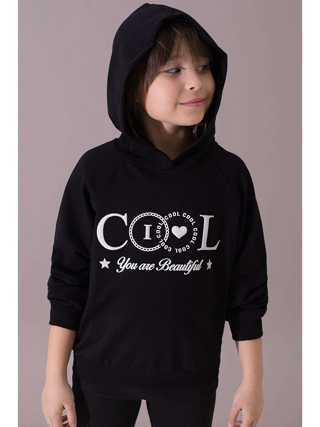 Cansın Mini Siyah Kabartmalı Cool Yazılı Kapüşonlu Kız Çocuk Sweatshirt 19698 - 1