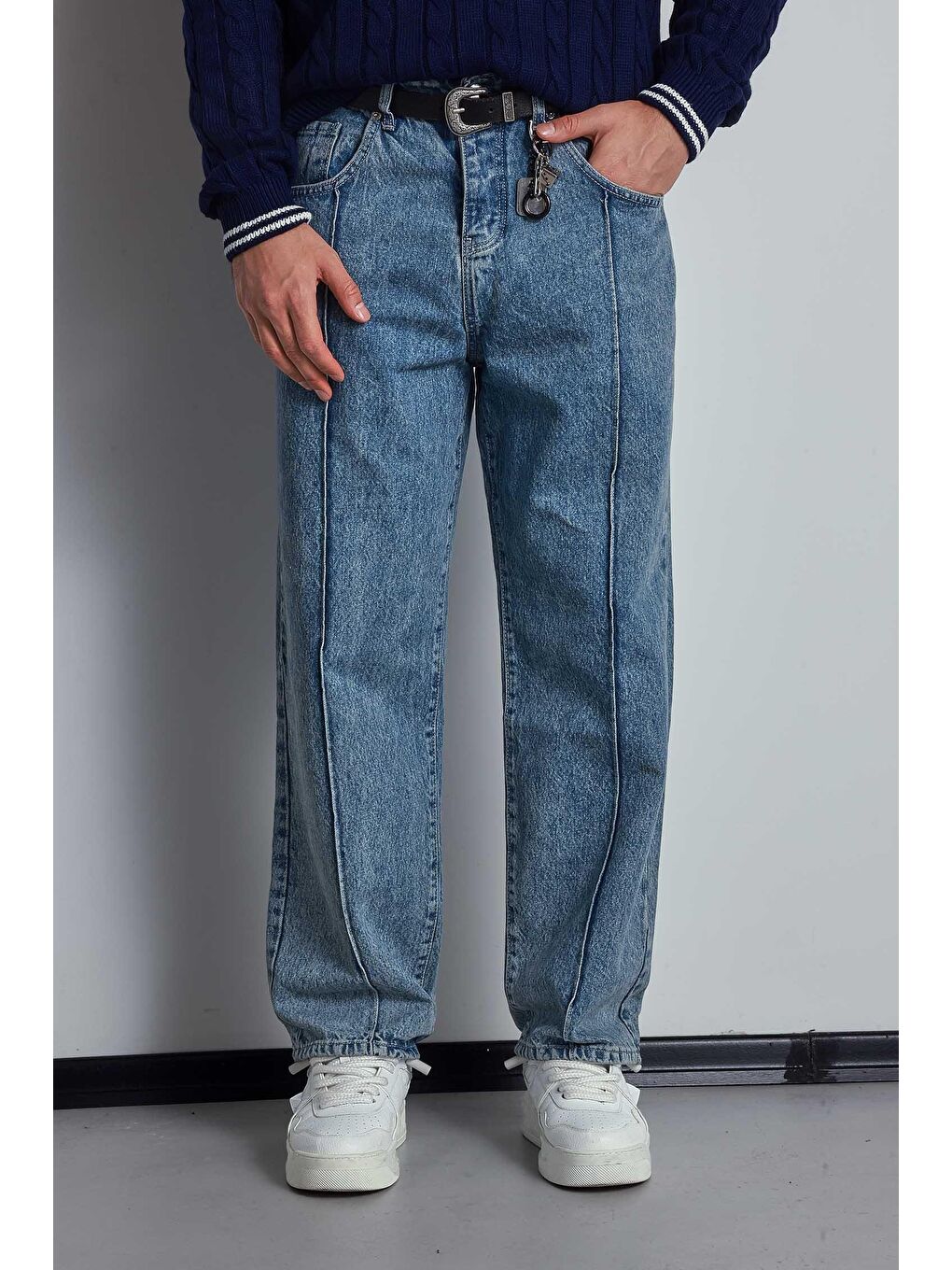 Erkek Baggy Fit Ön Dikiş Detaylı Jean Mavi-2