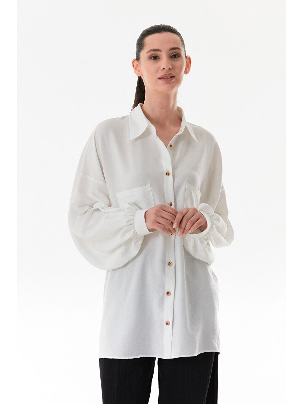 Beyaz Fullamodest Oversize Balon Kol Gömlek