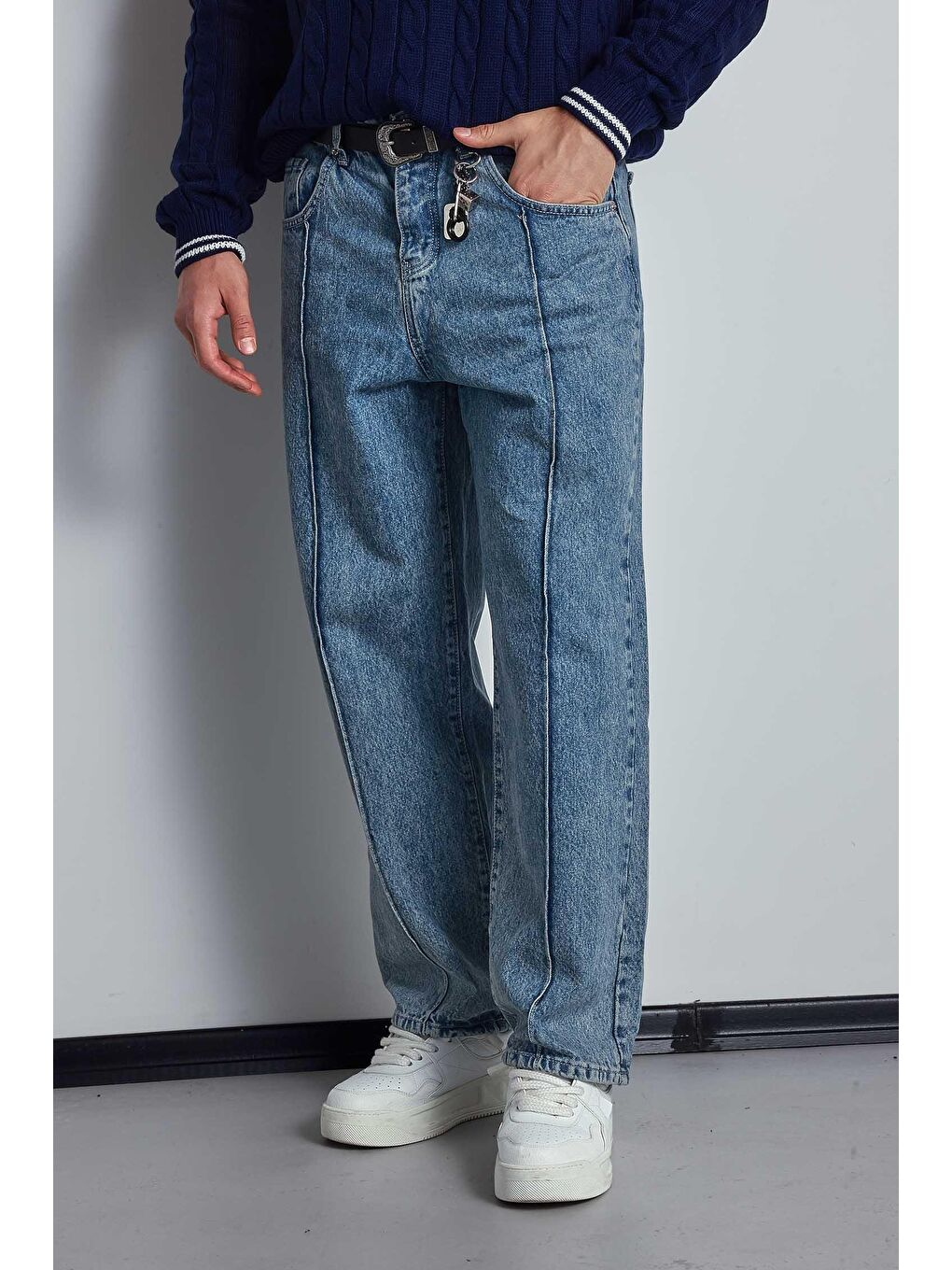 Erkek Baggy Fit Ön Dikiş Detaylı Jean Mavi-3