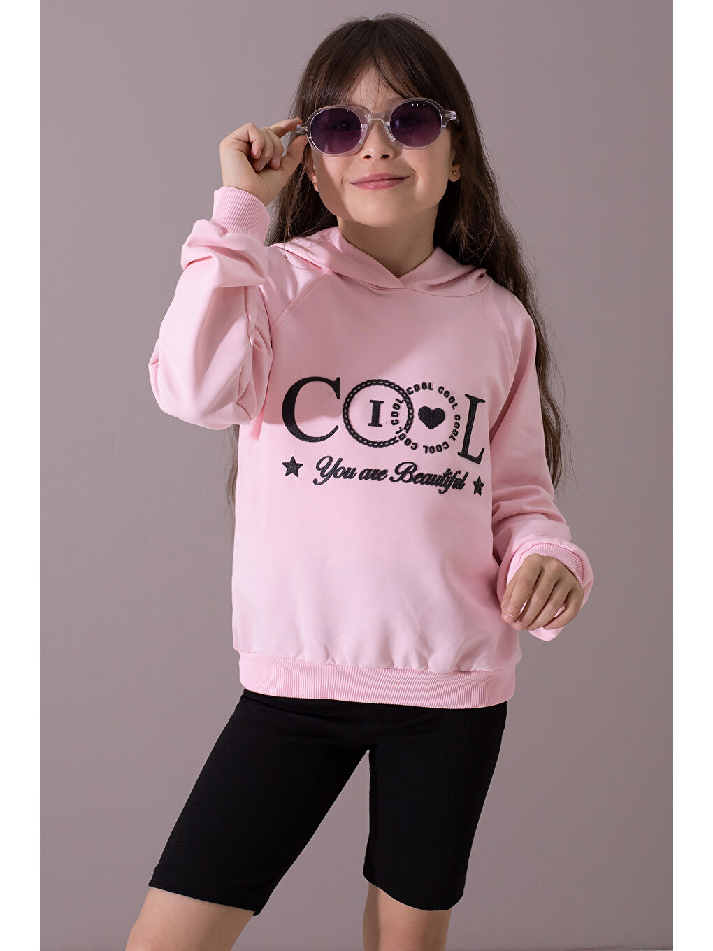 Cansın Mini Pembe Kabartmalı Cool Yazılı Kapüşonlu Kız Çocuk Sweatshirt 19697