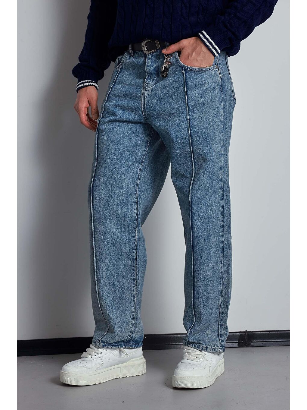 Erkek Baggy Fit Ön Dikiş Detaylı Jean Mavi-4