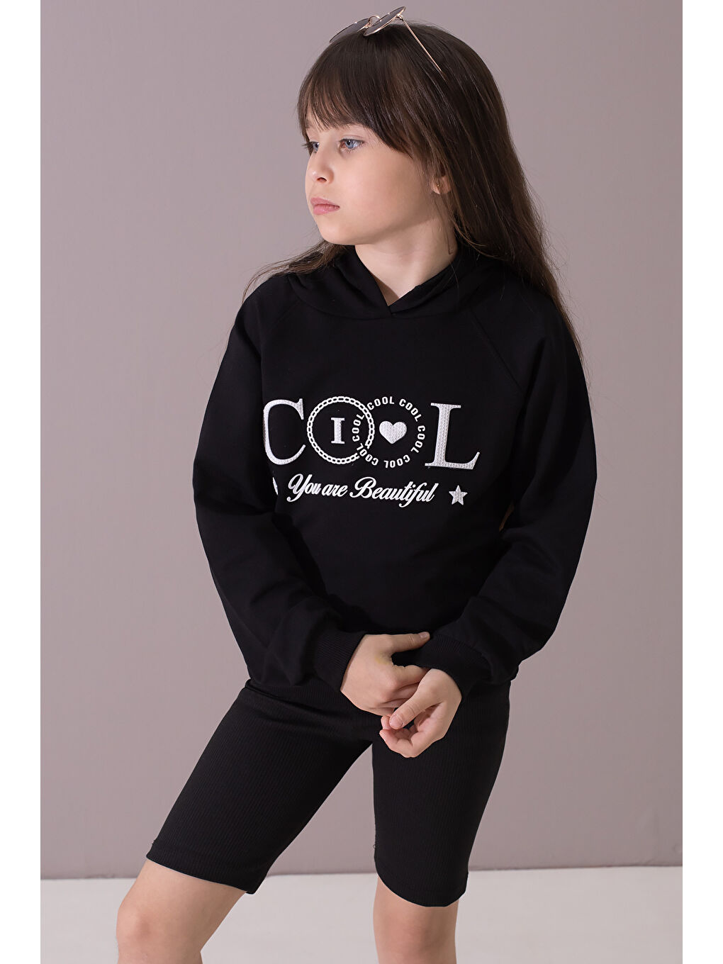 Cansın Mini Siyah Kabartmalı Cool Yazılı Kapüşonlu Kız Çocuk Sweatshirt 19698 - 3