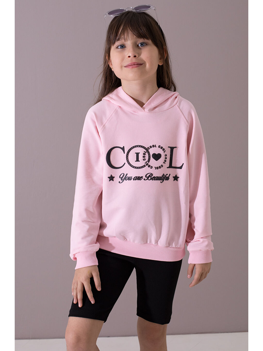 Cansın Mini Pembe Kabartmalı Cool Yazılı Kapüşonlu Kız Çocuk Sweatshirt 19697 - 1