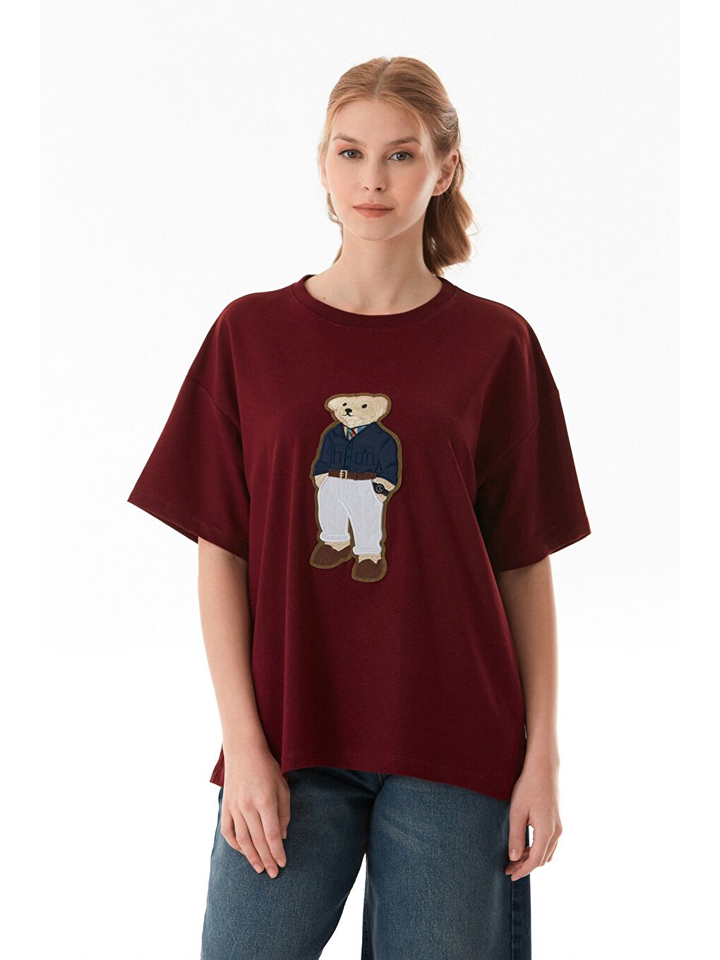Bordo Ayıcık Nakışlı Oversize Tişört