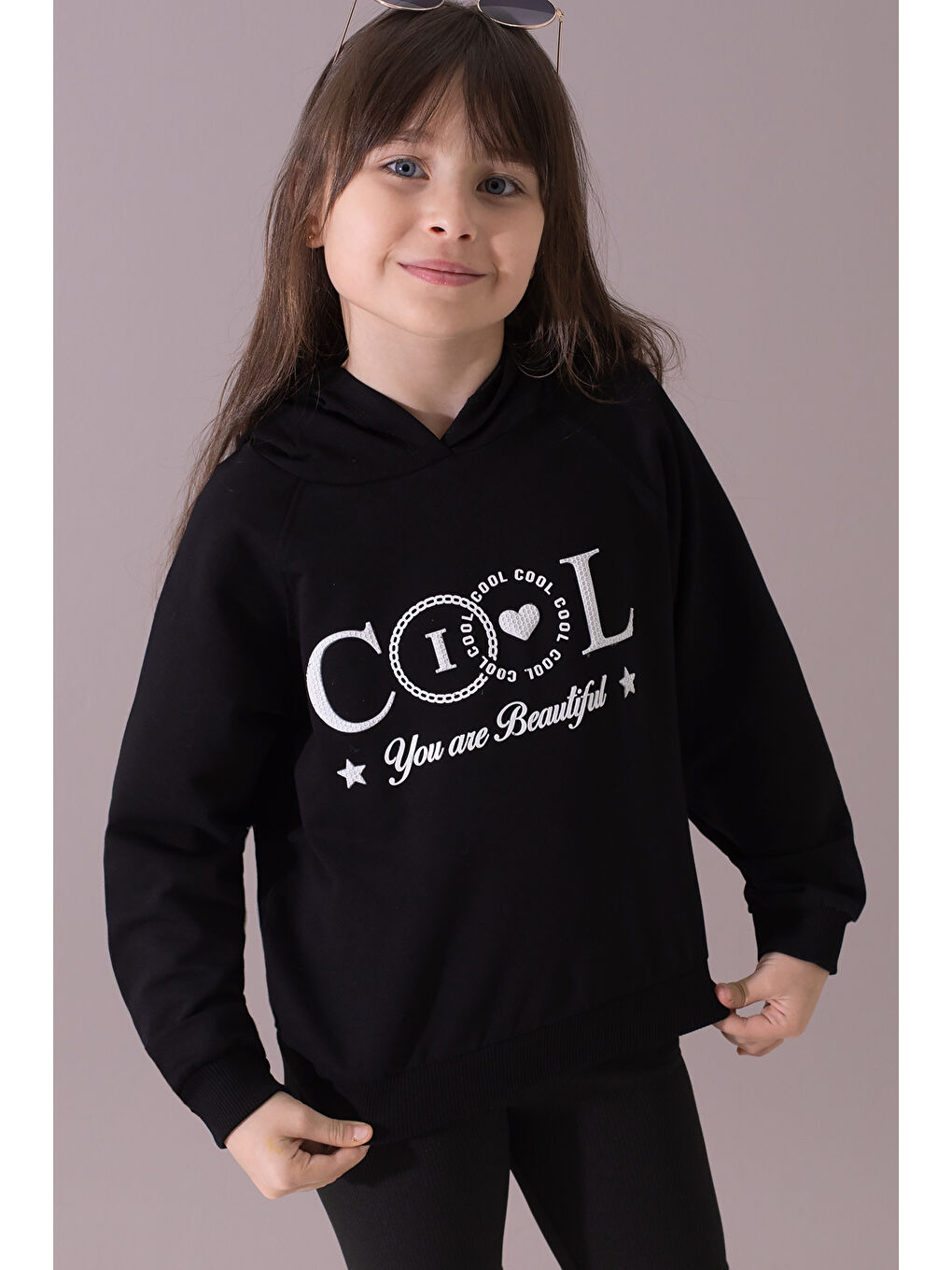 Cansın Mini Siyah Kabartmalı Cool Yazılı Kapüşonlu Kız Çocuk Sweatshirt 19698 - 4