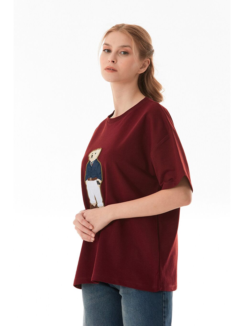 Bordo Ayıcık Nakışlı Oversize Tişört-1