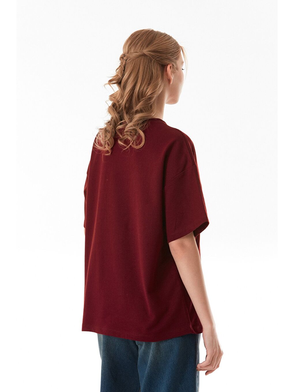 Bordo Ayıcık Nakışlı Oversize Tişört-2