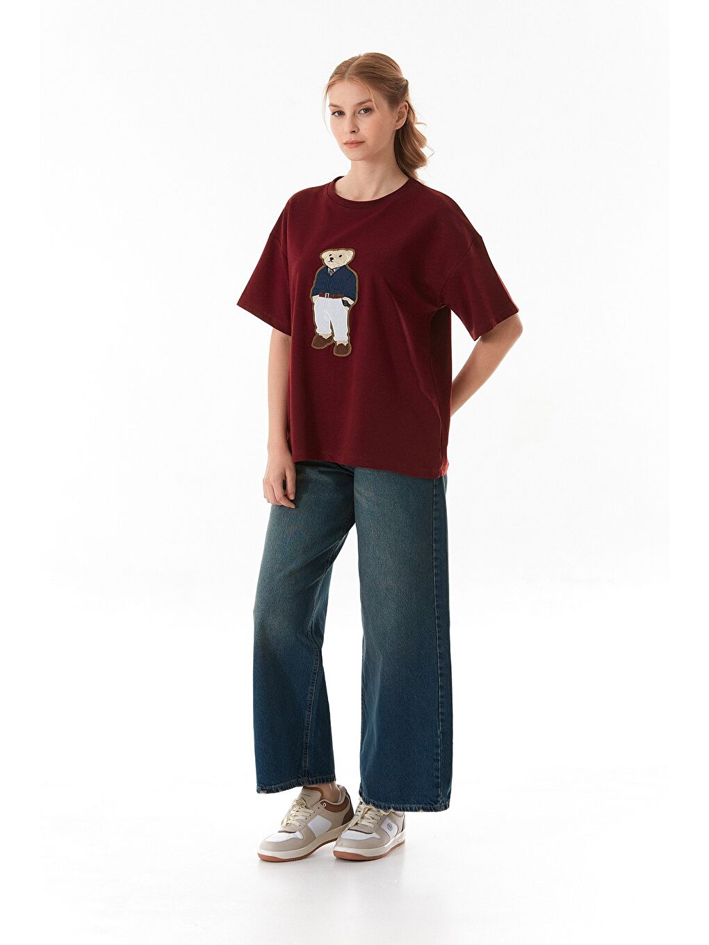Bordo Ayıcık Nakışlı Oversize Tişört-3