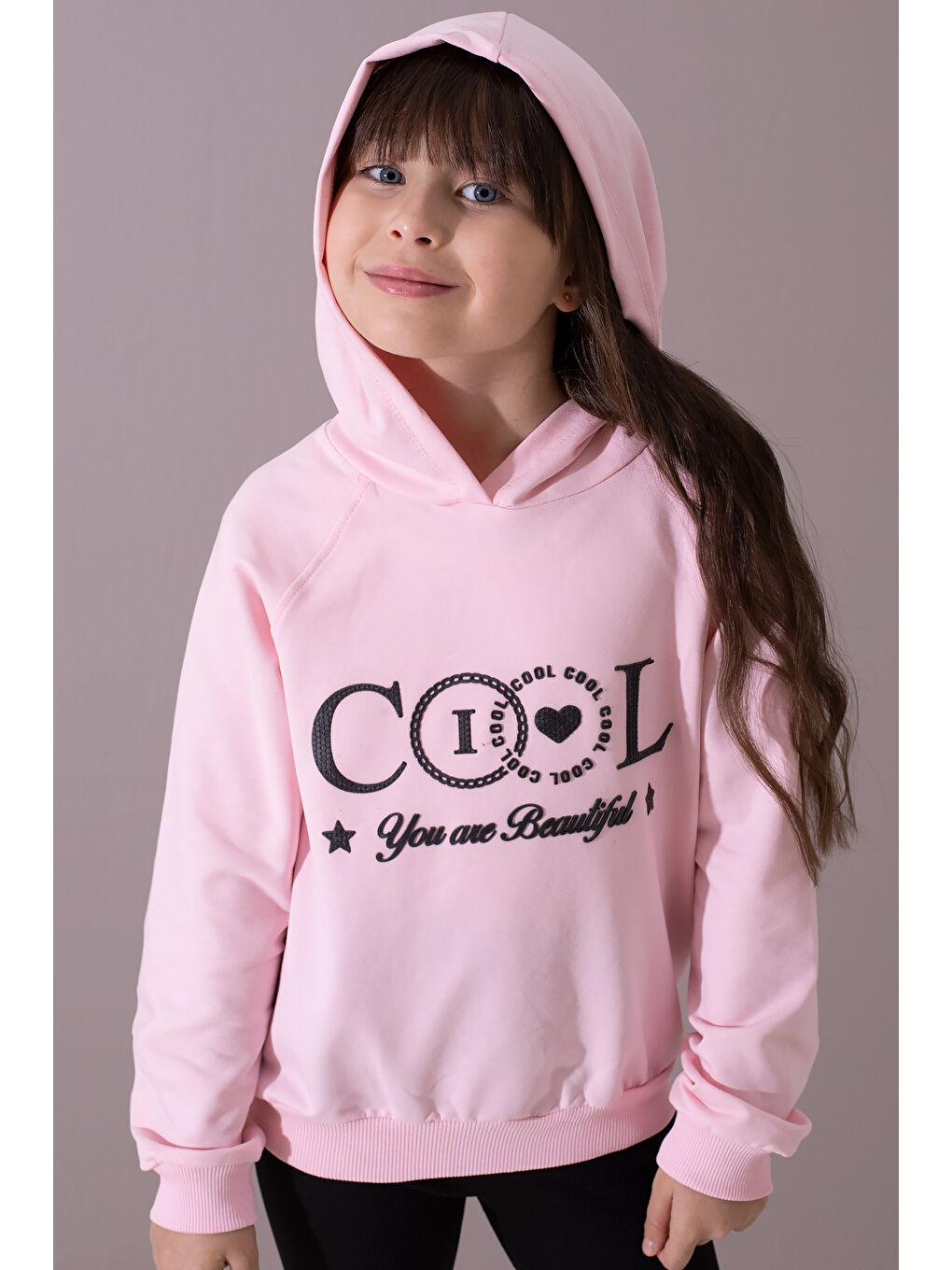 Cansın Mini Pembe Kabartmalı Cool Yazılı Kapüşonlu Kız Çocuk Sweatshirt 19697 - 3