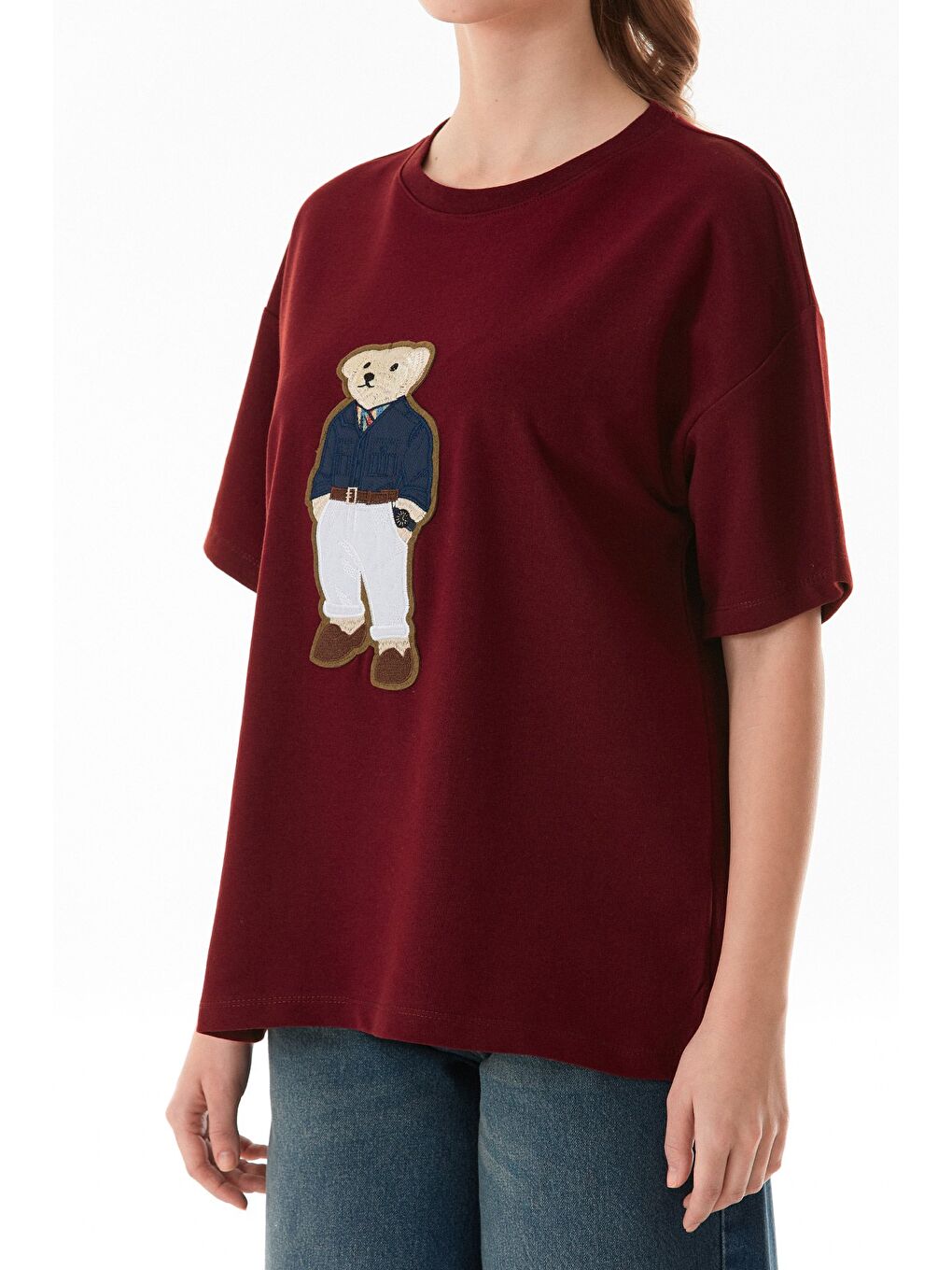 Bordo Ayıcık Nakışlı Oversize Tişört-4