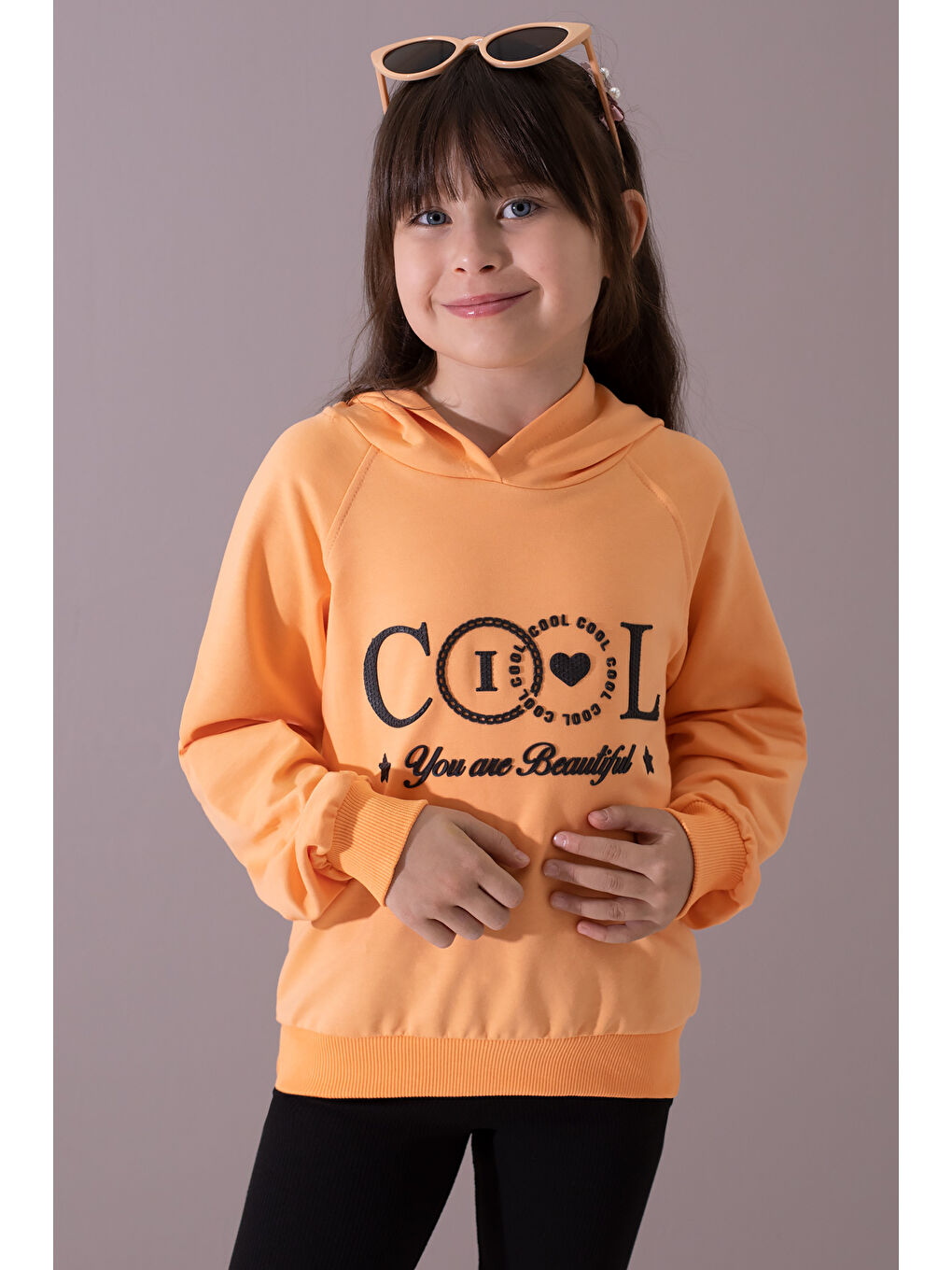 Cansın Mini Turuncu Kabartmalı Cool Yazılı Kapüşonlu Kız Çocuk Sweatshirt 19696 - 2