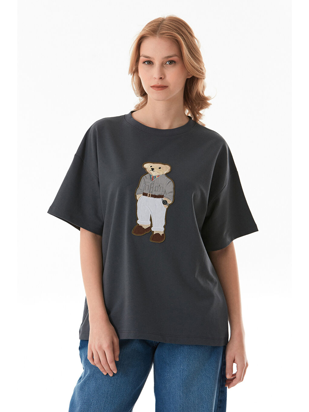 Antrasit Ayıcık Nakışlı Oversize Tişört