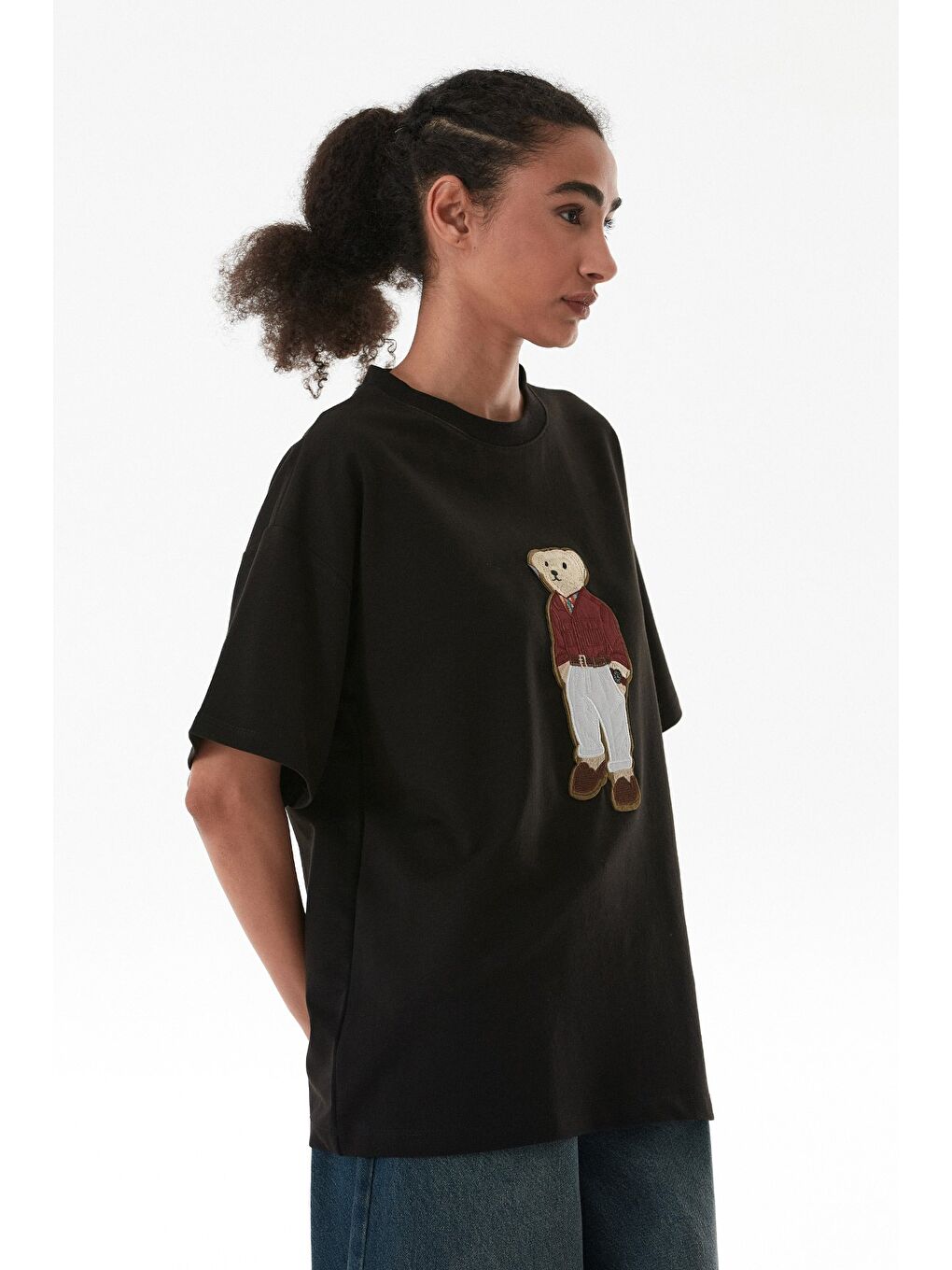Siyah Ayıcık Nakışlı Oversize Tişört-3
