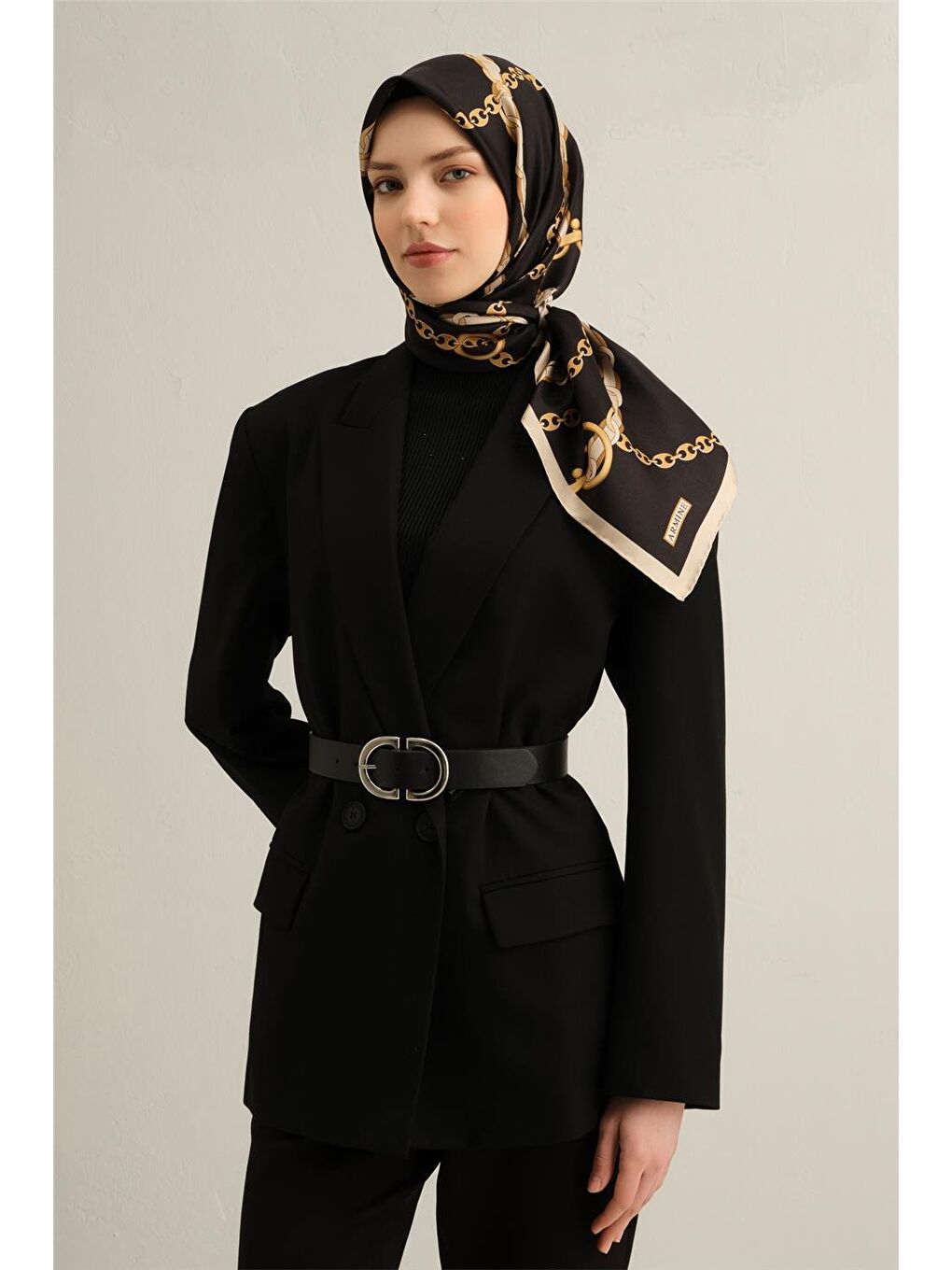 Kahverengi Klasik Desenli Saf İpek Twill Eşarp 9346 09-1