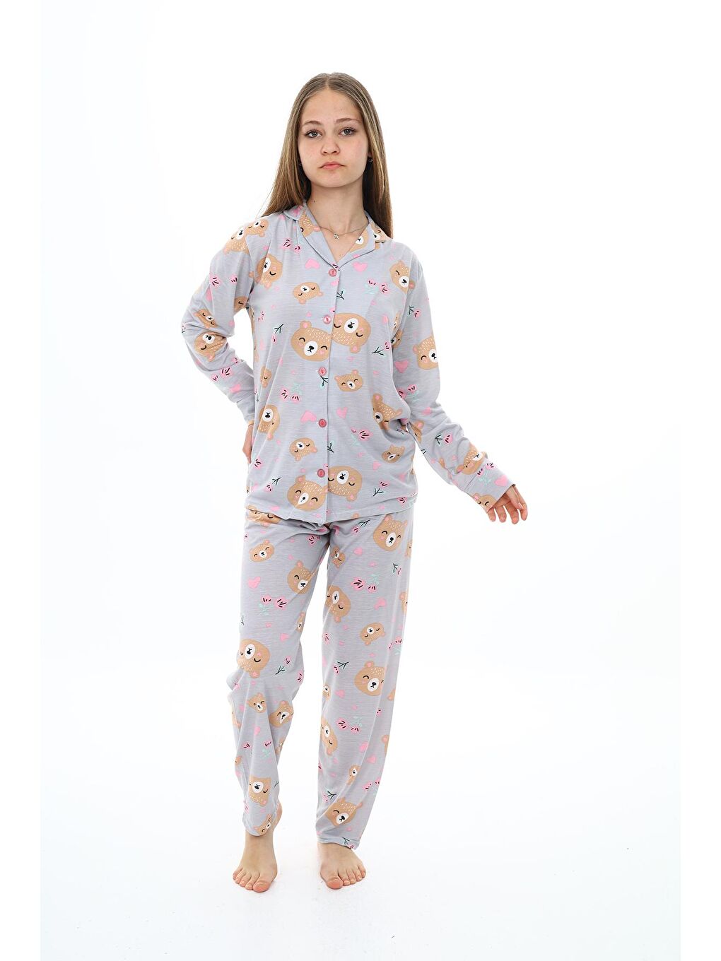 EFTELYA Gri Kız Çocuk Sevimli Ayıcık Baskılı Pijama Takımı 7-16 Yaş 0156