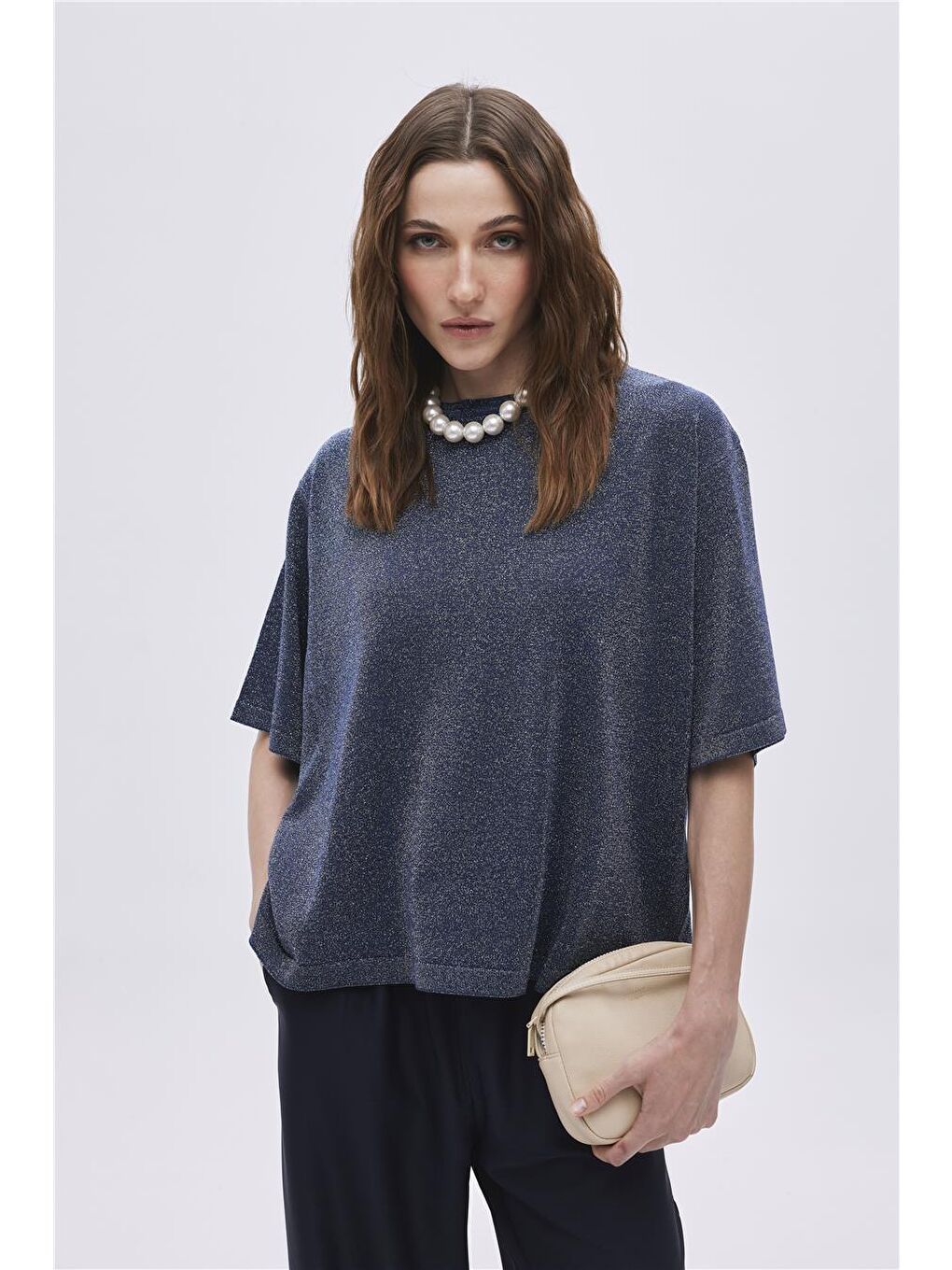Lacivert Simli Oversize Triko Bluz