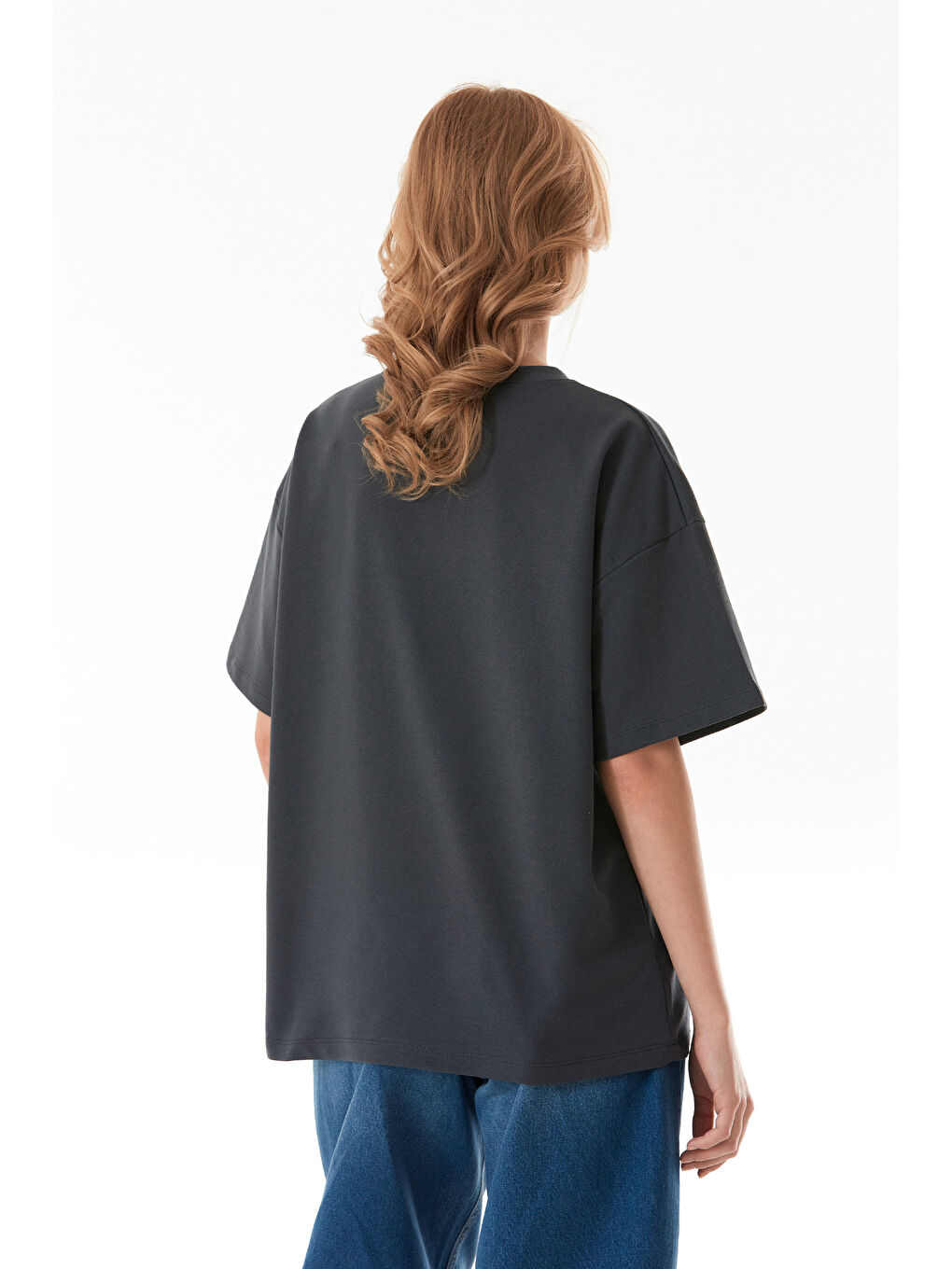 Antrasit Ayıcık Nakışlı Oversize Tişört-2