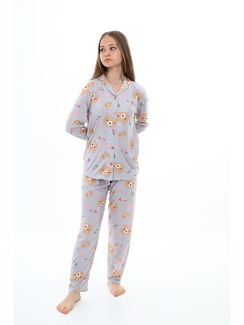 EFTELYA Gri Kız Çocuk Sevimli Ayıcık Baskılı Pijama Takımı 7-16 Yaş 0156 - 1