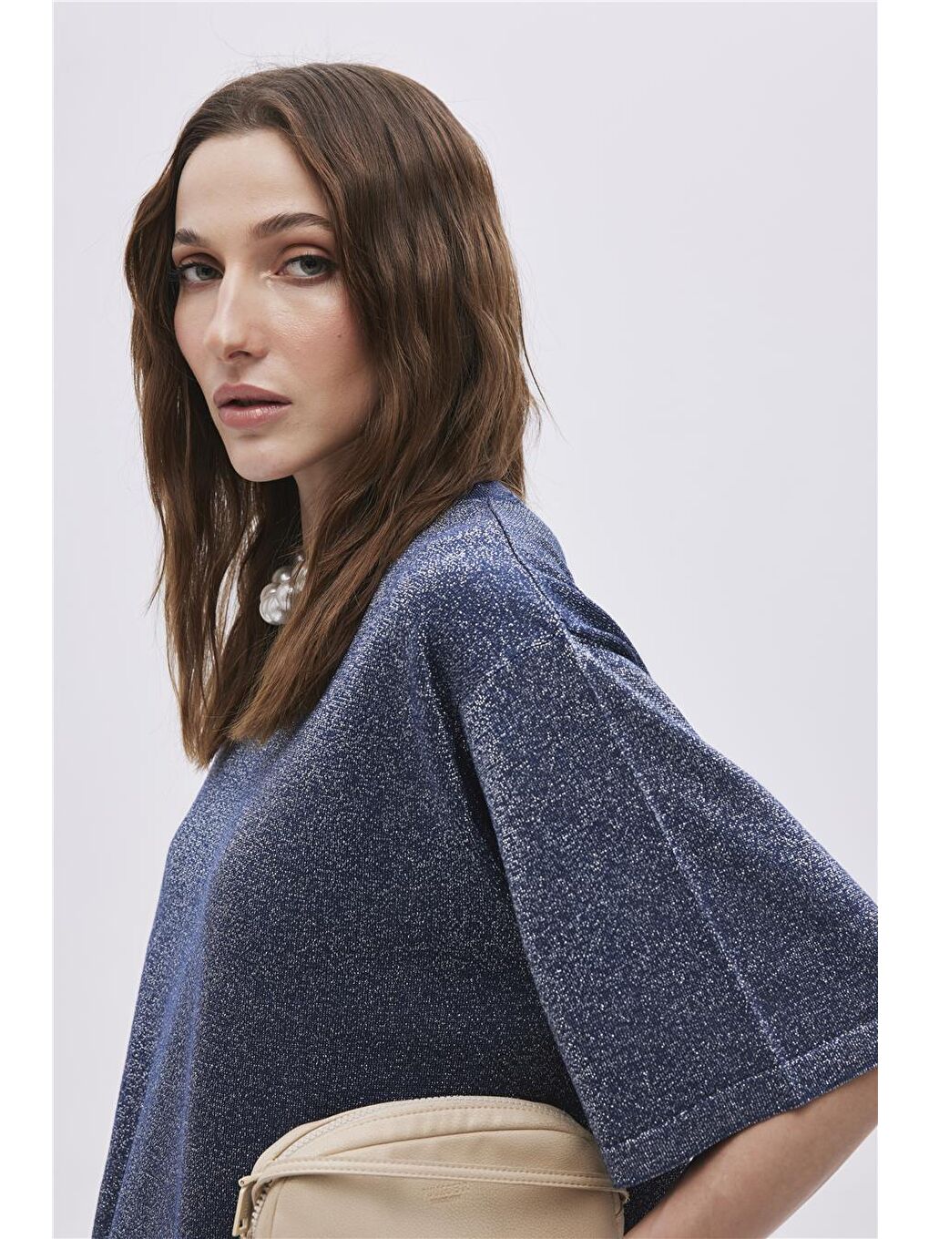 Lacivert Simli Oversize Triko Bluz-2