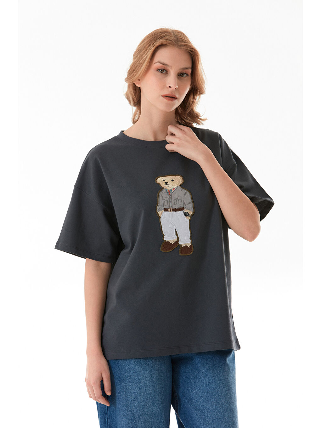 Antrasit Ayıcık Nakışlı Oversize Tişört-3