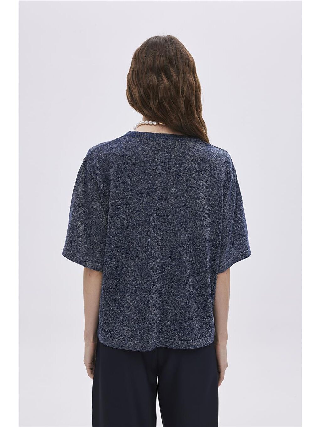 Lacivert Simli Oversize Triko Bluz-4