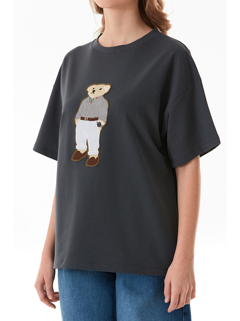 Antrasit Ayıcık Nakışlı Oversize Tişört-4