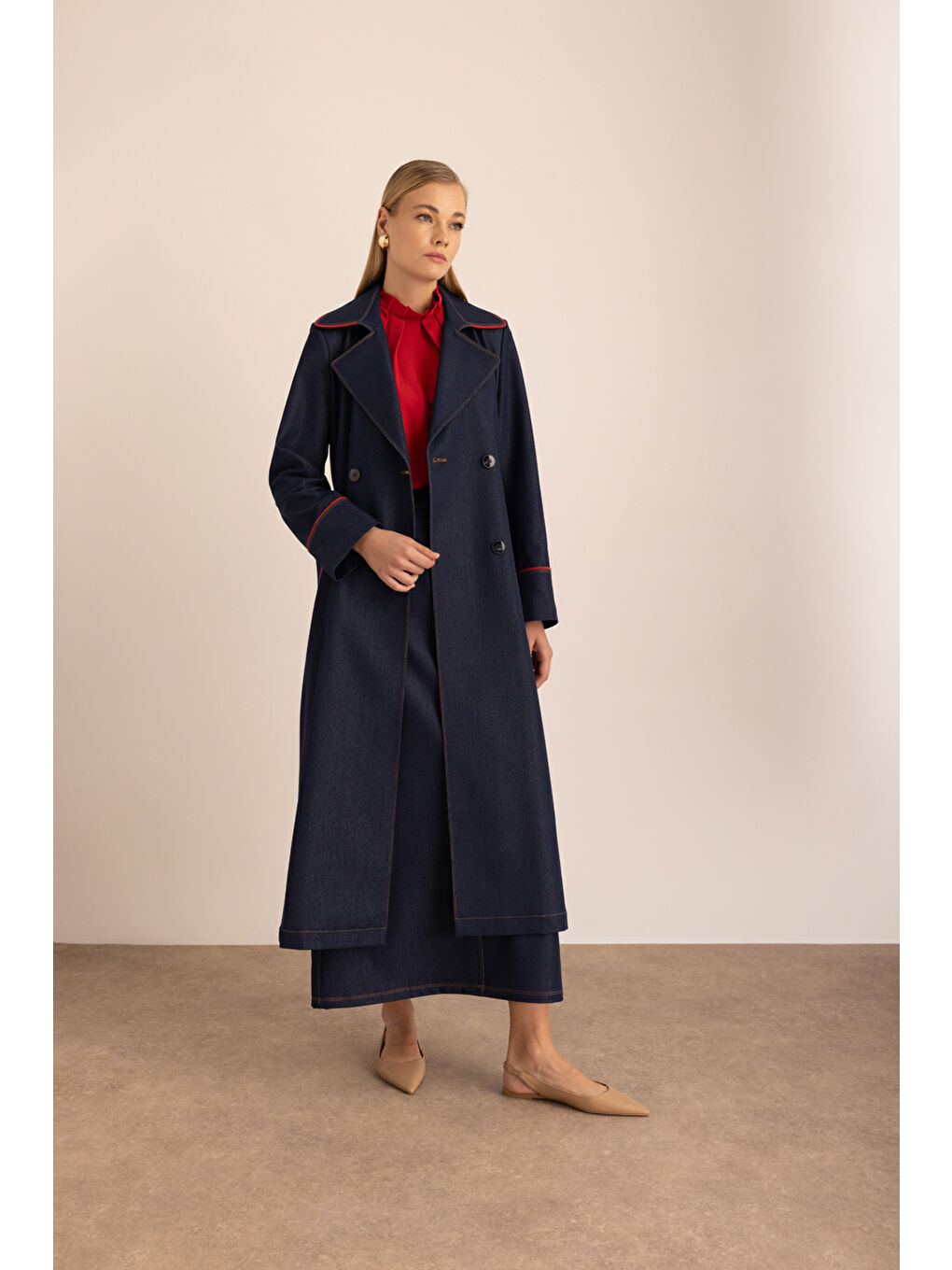 Lacivert Biye Detaylı Denim Görünümlü Trençkot-1