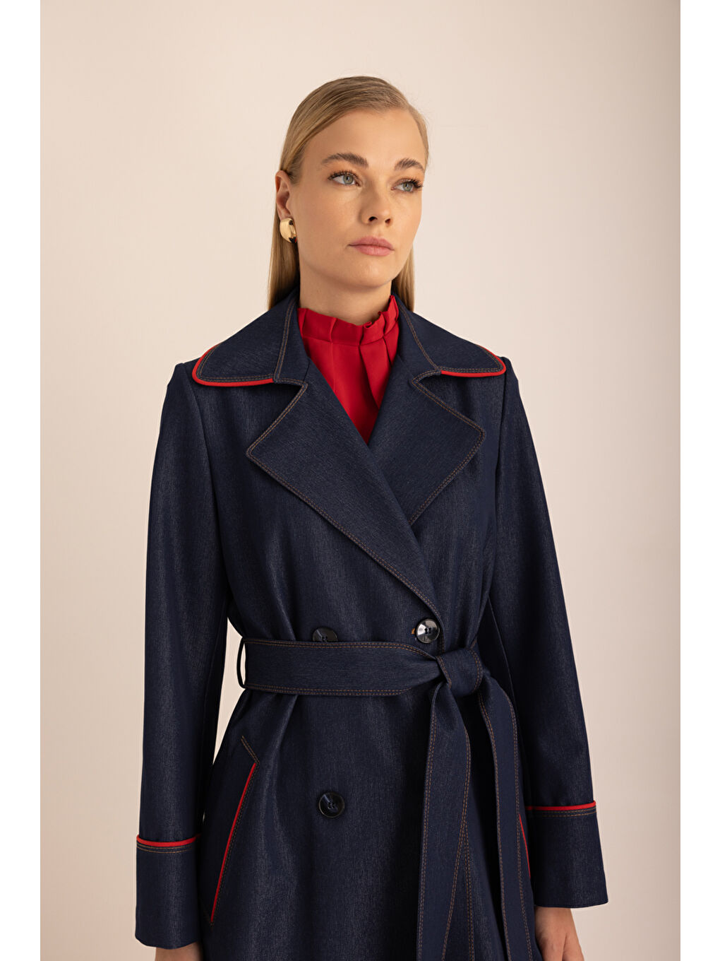 Lacivert Biye Detaylı Denim Görünümlü Trençkot-2