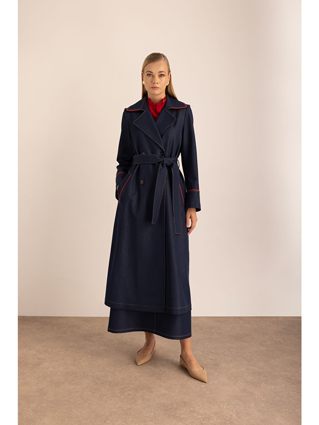 Lacivert Biye Detaylı Denim Görünümlü Trençkot-3