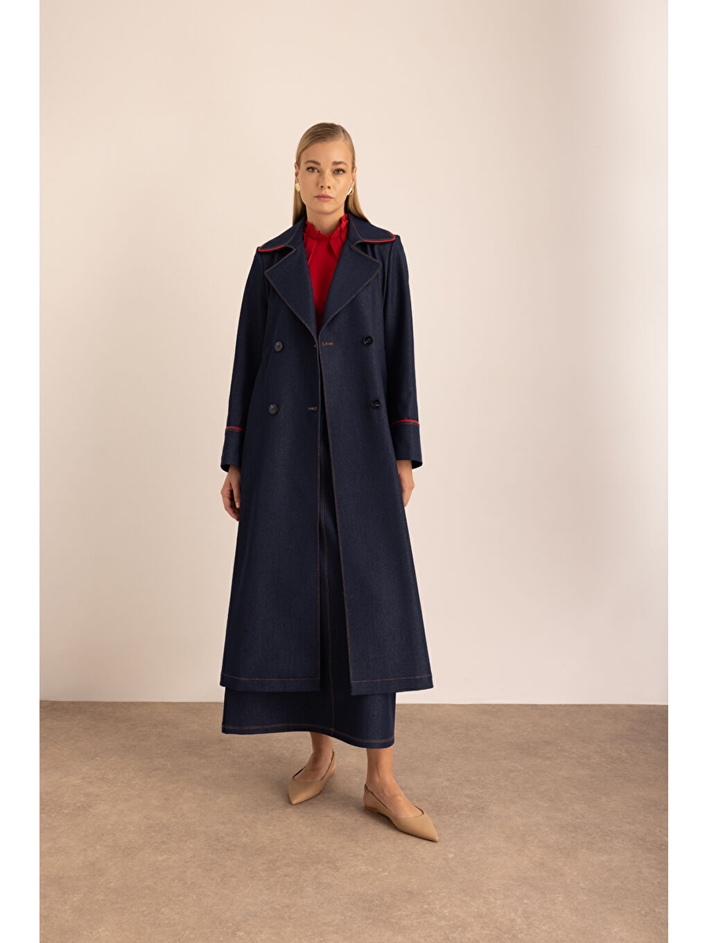 Lacivert Biye Detaylı Denim Görünümlü Trençkot-4