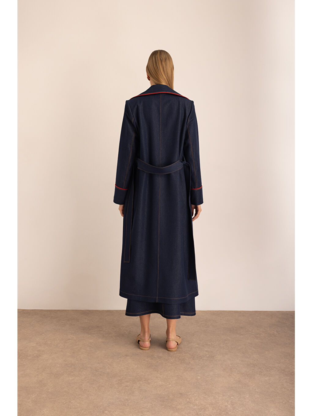 Lacivert Biye Detaylı Denim Görünümlü Trençkot-5