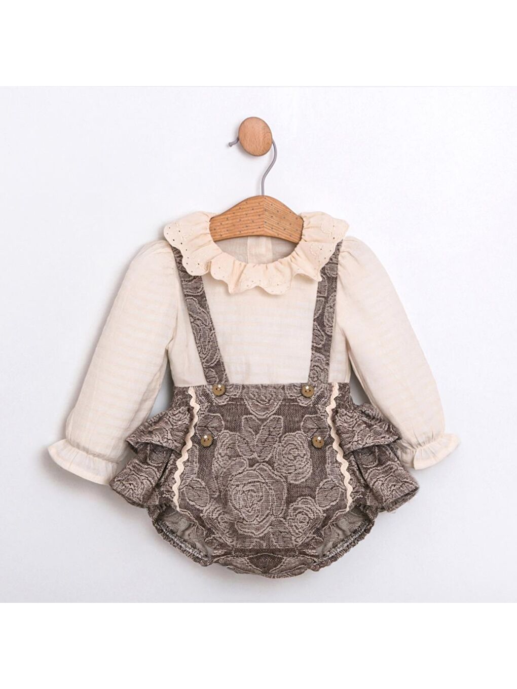 Karışık Kız Bebek Pamuklu Dantelli Yaka Uzun Kollu Çiçek Desenli Şortlu Tulum Takım – Vintage Stil