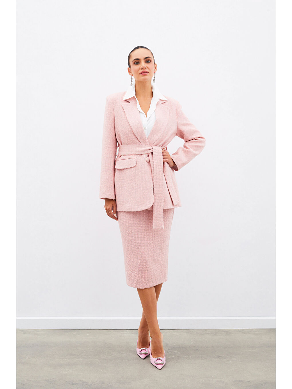 SATEEN Pembe Midi Boy Tüvit Etek - Pudra