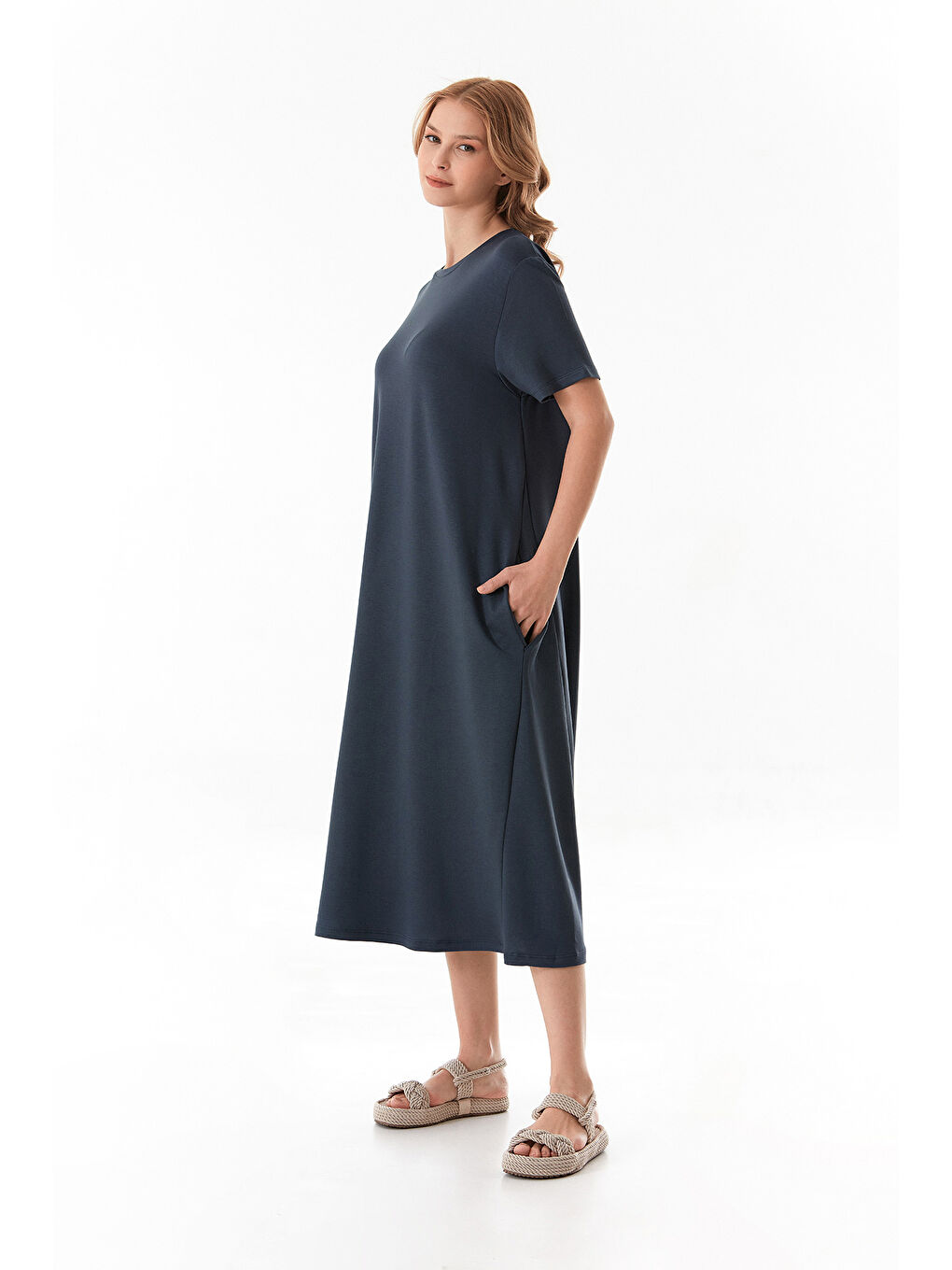 Gri Basic Elastanlı Cepli Bisiklet Yaka Elbise-1