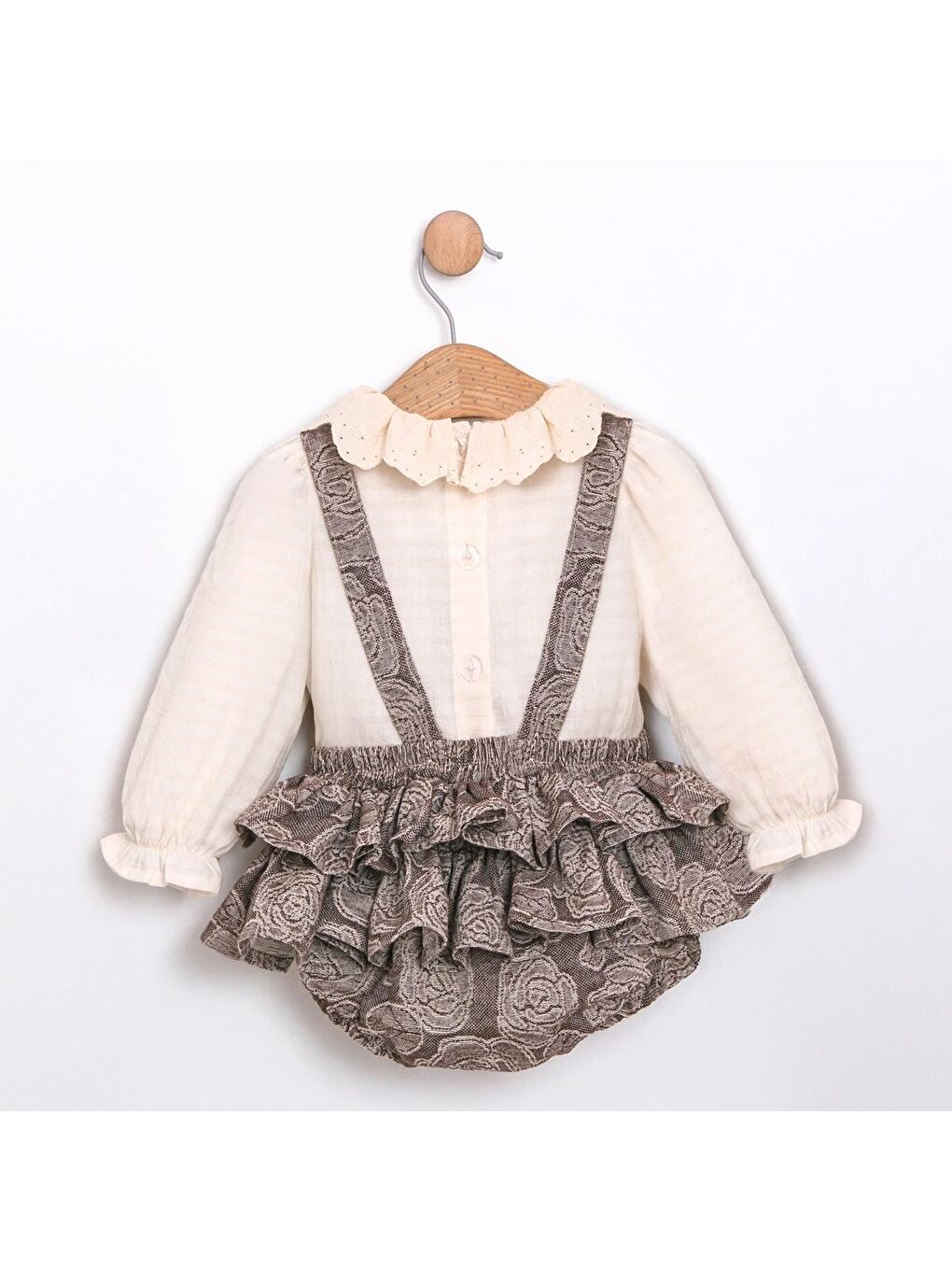 Karışık Kız Bebek Pamuklu Dantelli Yaka Uzun Kollu Çiçek Desenli Şortlu Tulum Takım – Vintage Stil-1