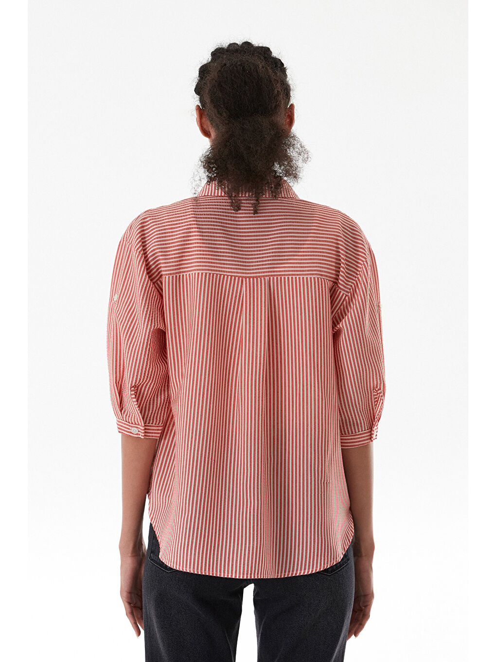 Kırmızı Çizgili Body Detaylı Çift Cepli Crop Gömlek-2