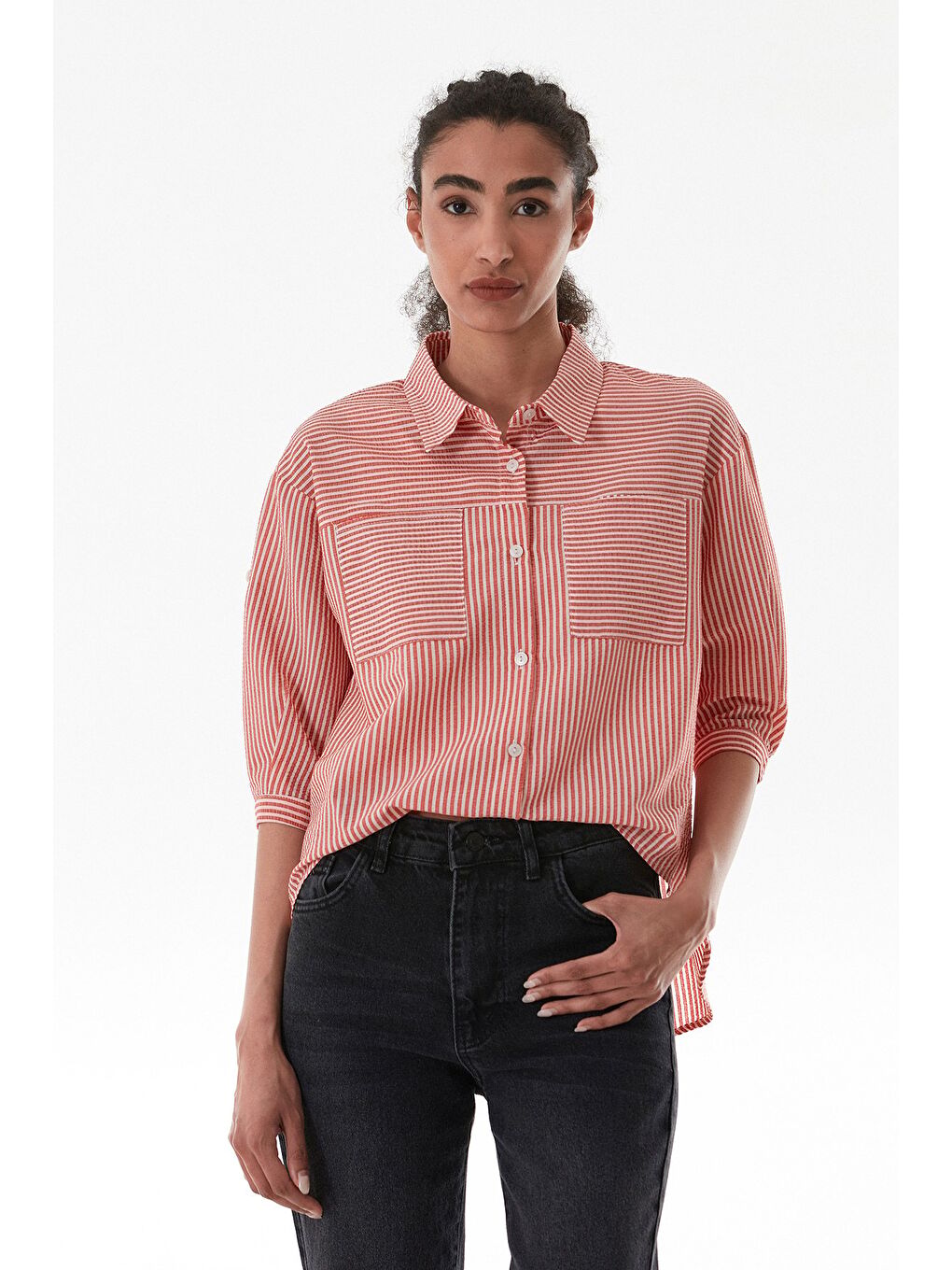 Kırmızı Çizgili Body Detaylı Çift Cepli Crop Gömlek-4